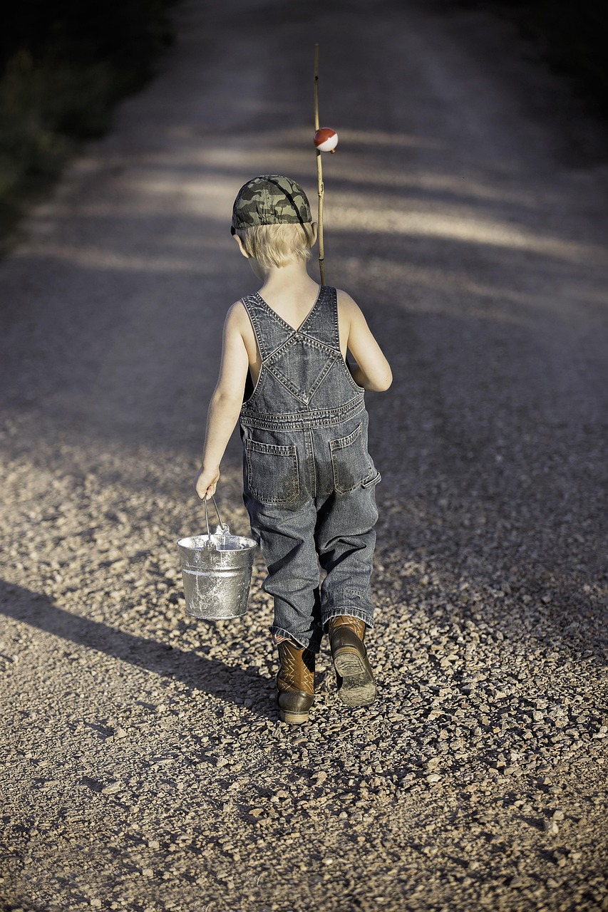 services-01 boy, child, fishing rod, bucket, fishing, fisherman, kid, young, small, nature, childhood, walking, summer, adventure, lifestyle, outdoors, back view